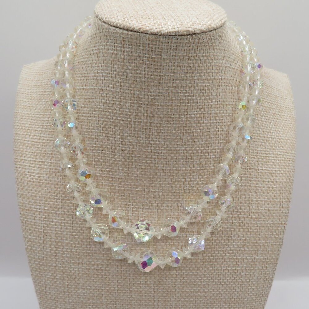 Vintage Aurora Borealis AB Faceted Crystal Double Strand Choker Style Necklace